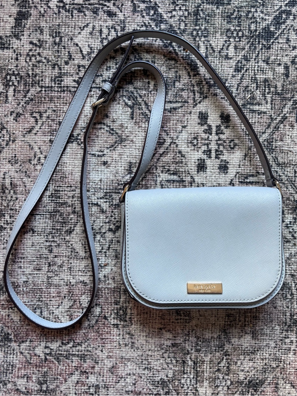 kate spade light blue saffiano leather crossbody with gold plaque